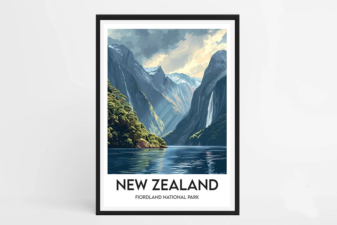 New Zealand Travel Poster, Fiordland National Park Art Print