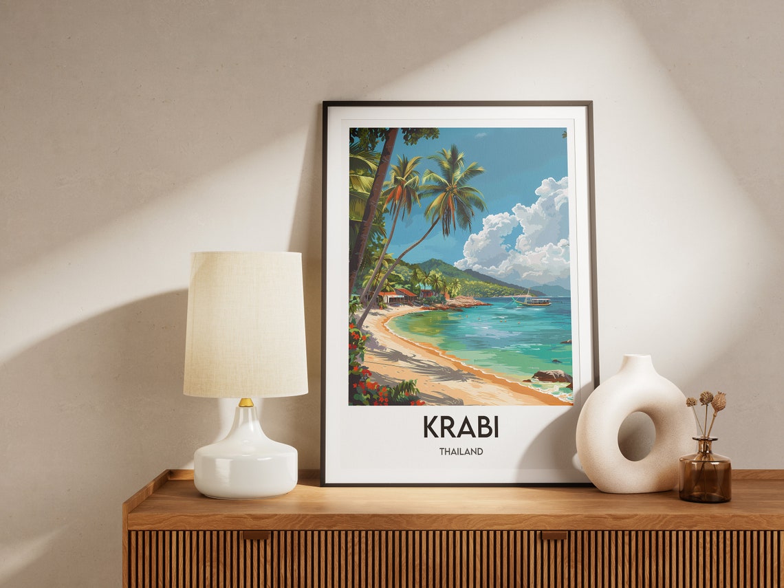 Krabi Thailand Palm Fringed Tropical Beach Coastline View Poster - Image 2