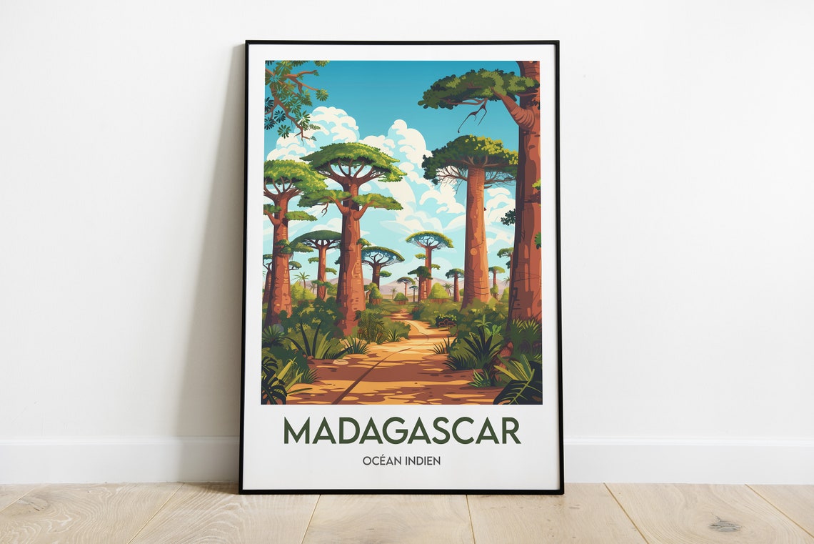 Madagascar Baobab Avenue Red Trunks Forest Path Vintage Poster
