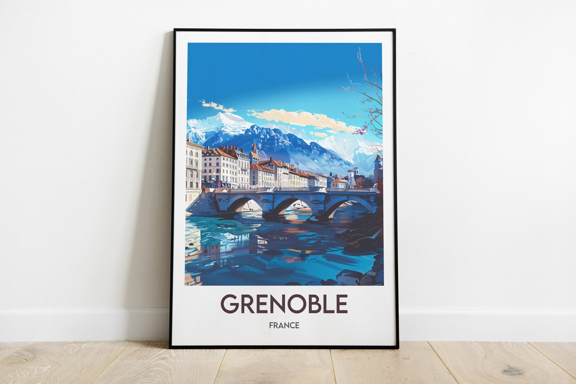 Grenoble France River Bridge and Snow Capped Alps Classic Poster
