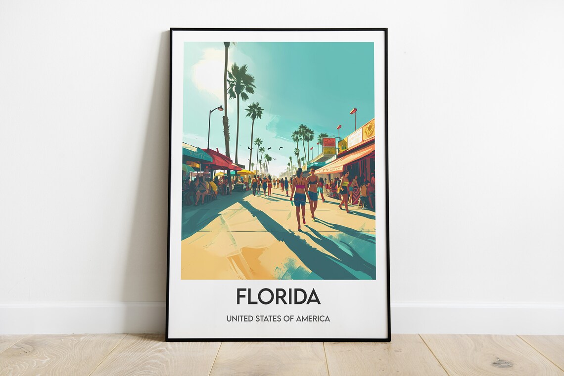 Florida Sunny Beach Boardwalk Palms Illustration Travel Poster