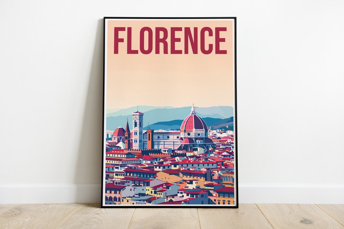Florence Italy Duomo Red Dome Skyline Retro Style Art Poster