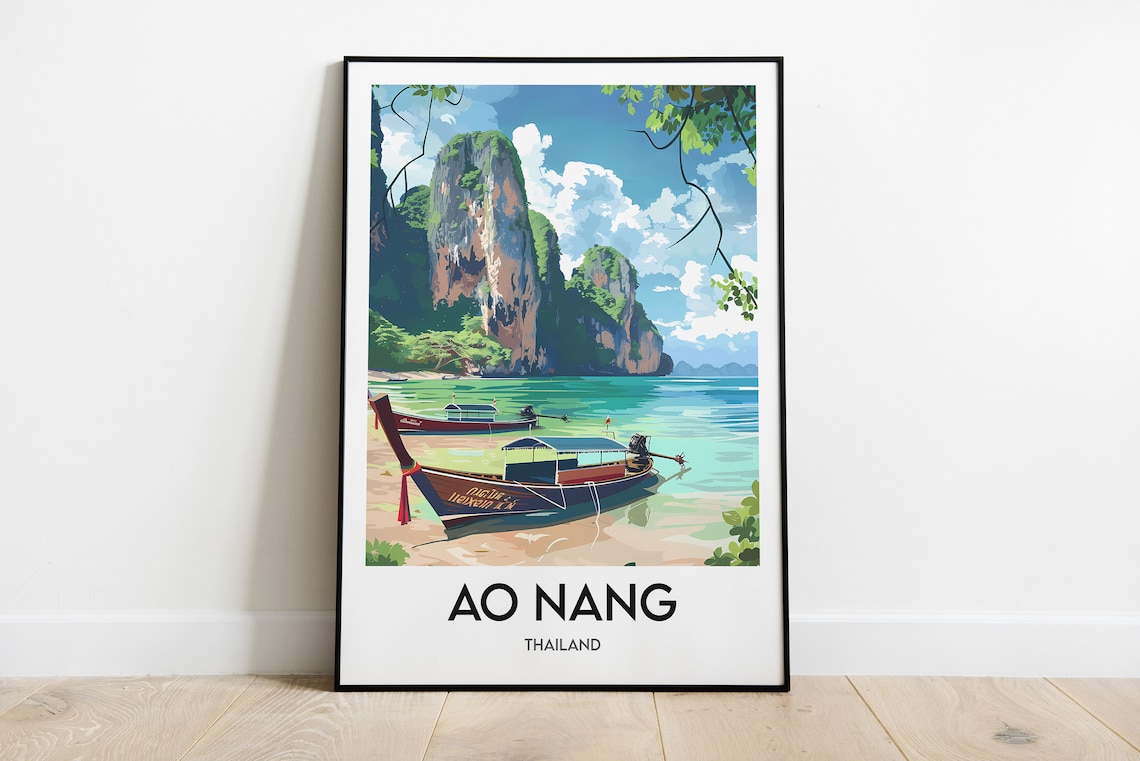 Ao Nang Thailand Longtail Boats Limestone Cliffs Beach Poster