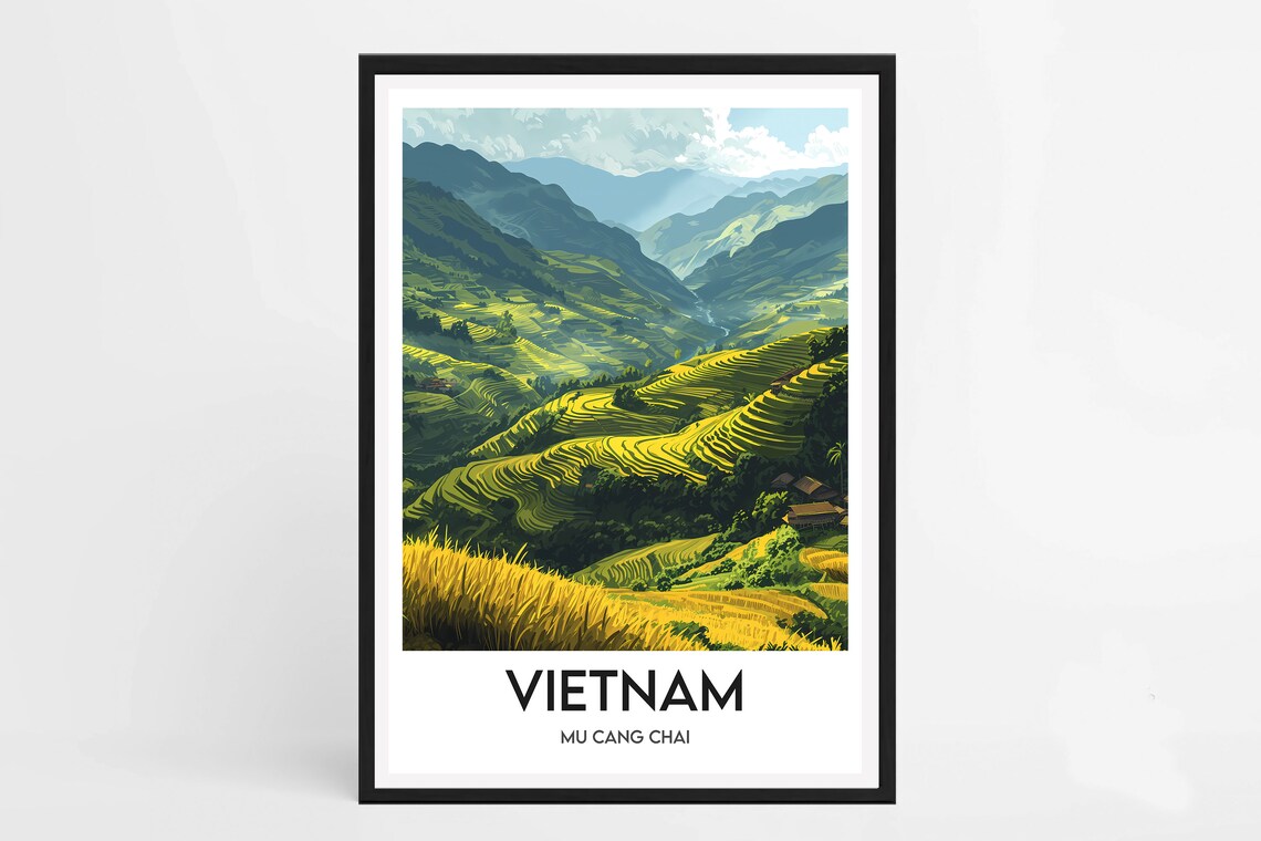 Vietnam Mu Cang Chai Green Terraced Rice Fields Mountain Poster
