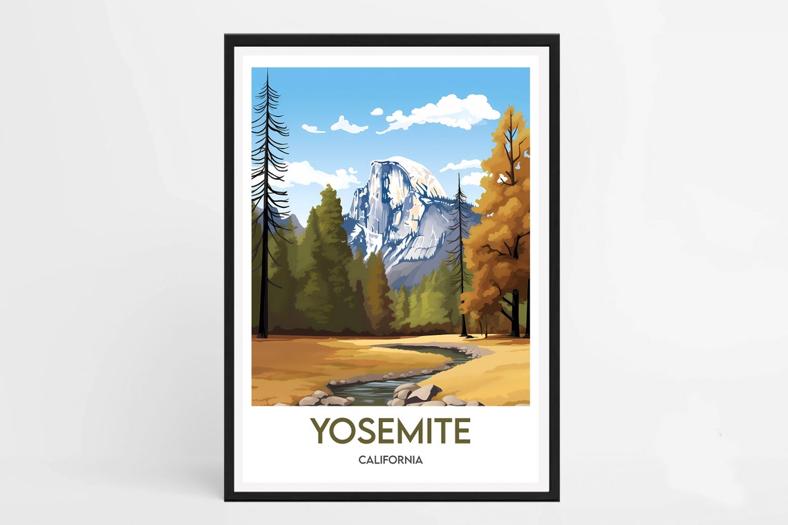 Yosemite California Half Dome Meadow Stream Autumn Trees Travel Poster