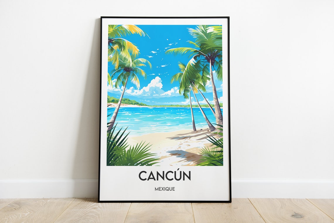 Cancun Palm Fringed Beach Turquoise Water Mexico Travel Poster