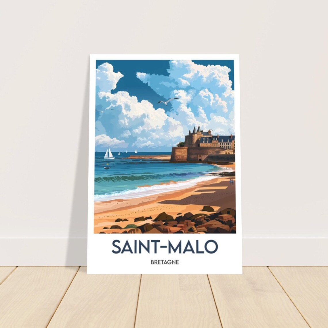 Saint Malo Bretagne Walled City Beach and Sailboats Vintage Poster - Image 2