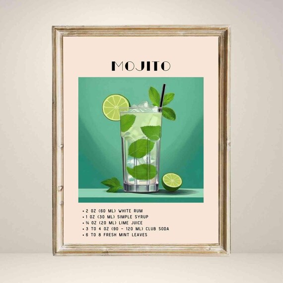 Mojito Cocktail Print, Green Minimalist Retro Vintage