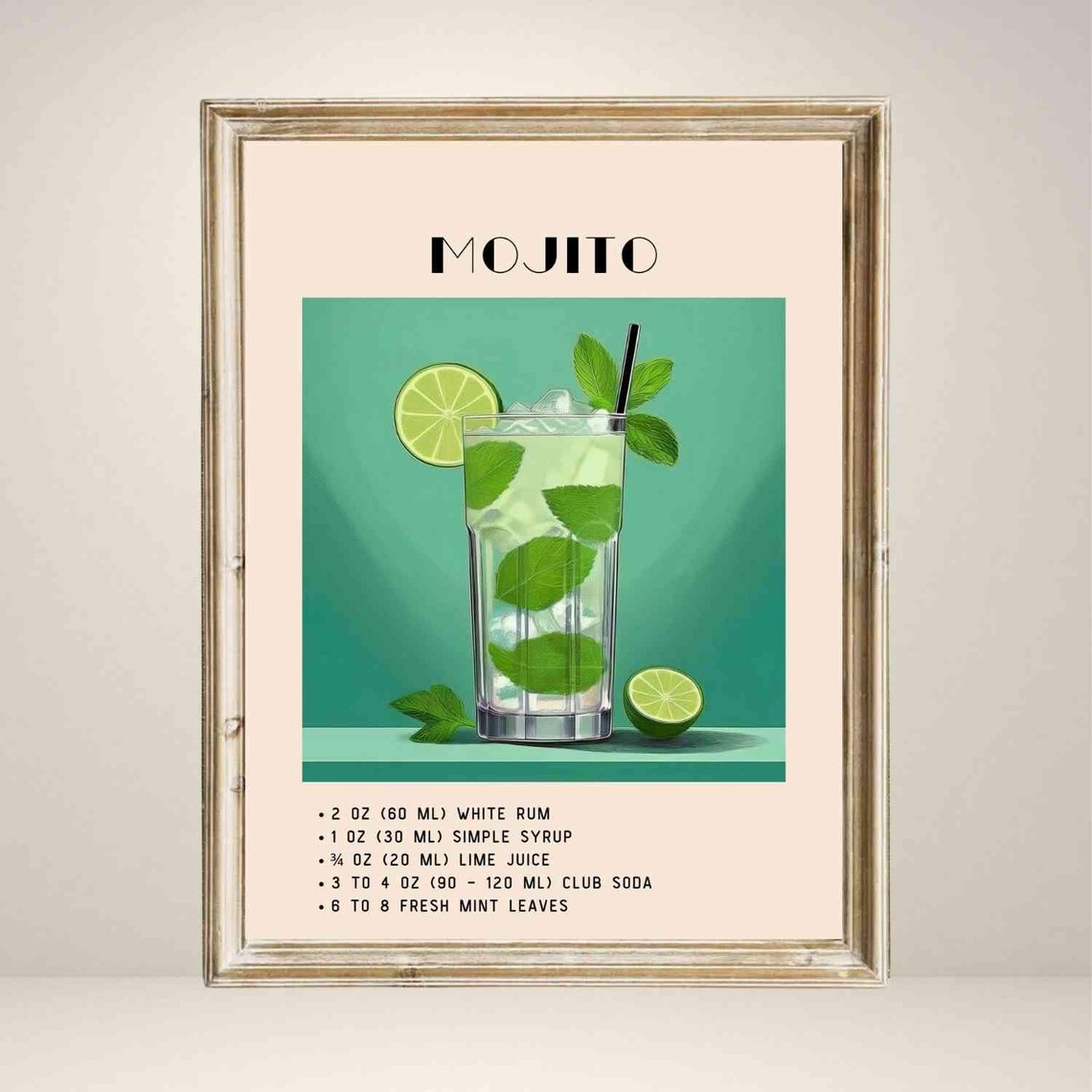 Mojito Cocktail Print, Green Minimalist Retro Vintage