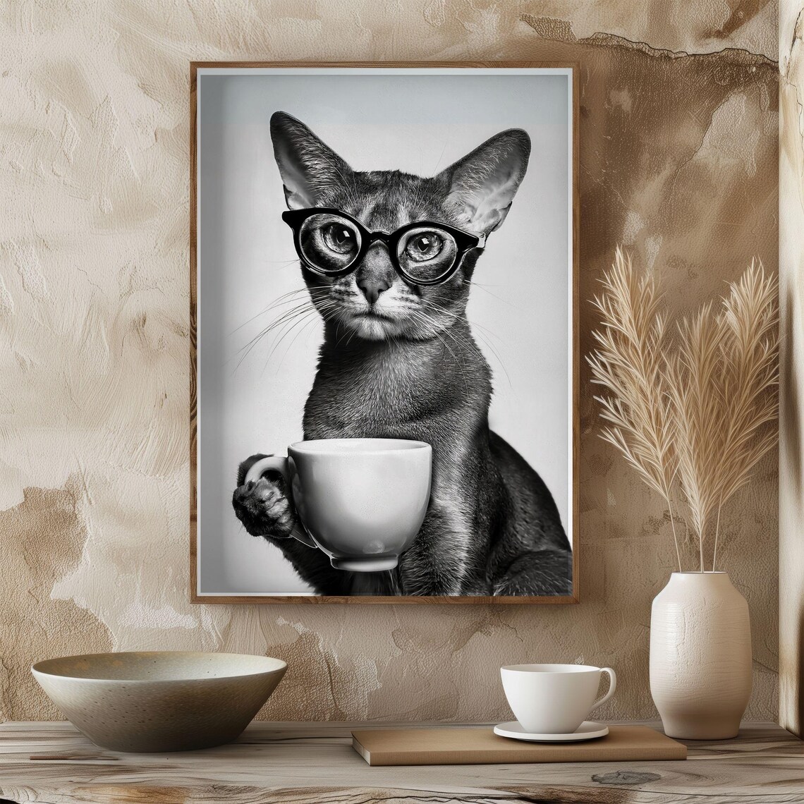 Abyssinian Drinking Coffee, Vintage Cat Poster
