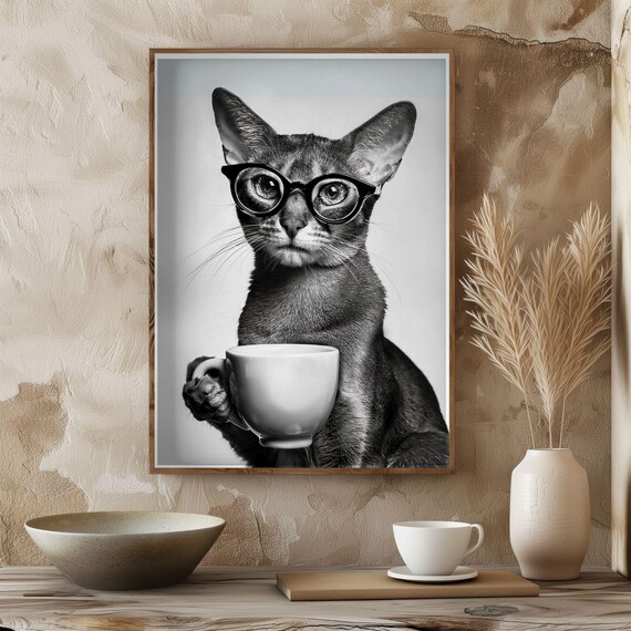 Abyssinian Drinking Coffee, Vintage Cat Poster