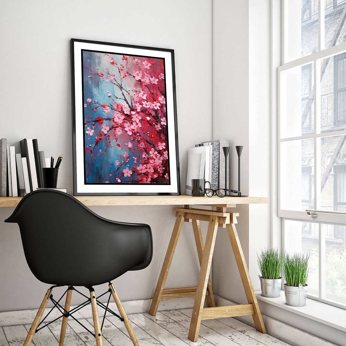 Pink Cherry Blossom Branches Impasto Oil Painting Floral Print - Image 3