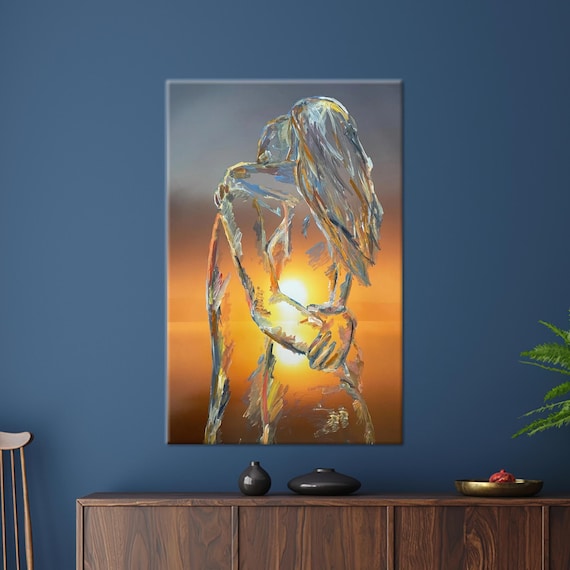 Romantic Couple Embracing at Sunset Abstract Love Story Poster