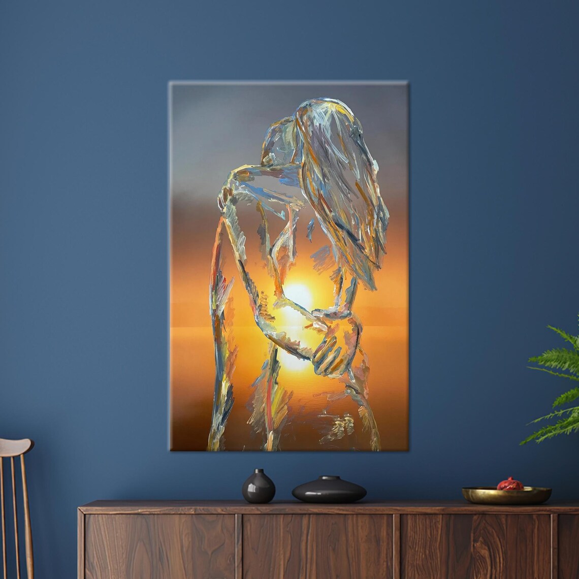 Romantic Couple Embracing at Sunset Abstract Love Story Poster