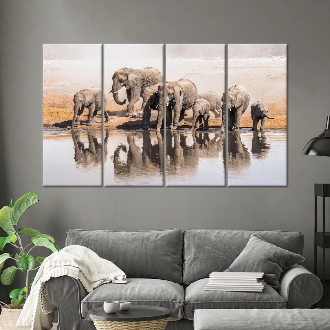 African Elephant Herd at Watering Hole Scenic Wildlife Poster - Image 3