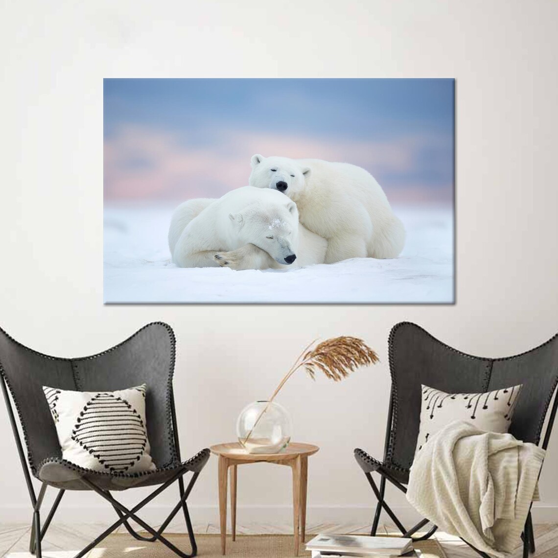 Two Polar Bears Snuggling Together in Fresh Arctic Snow Poster