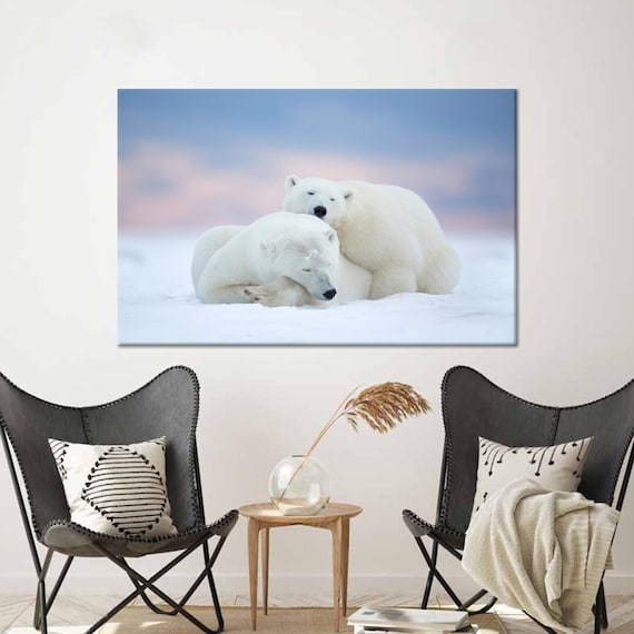 Two Polar Bears Snuggling Together in Fresh Arctic Snow Poster