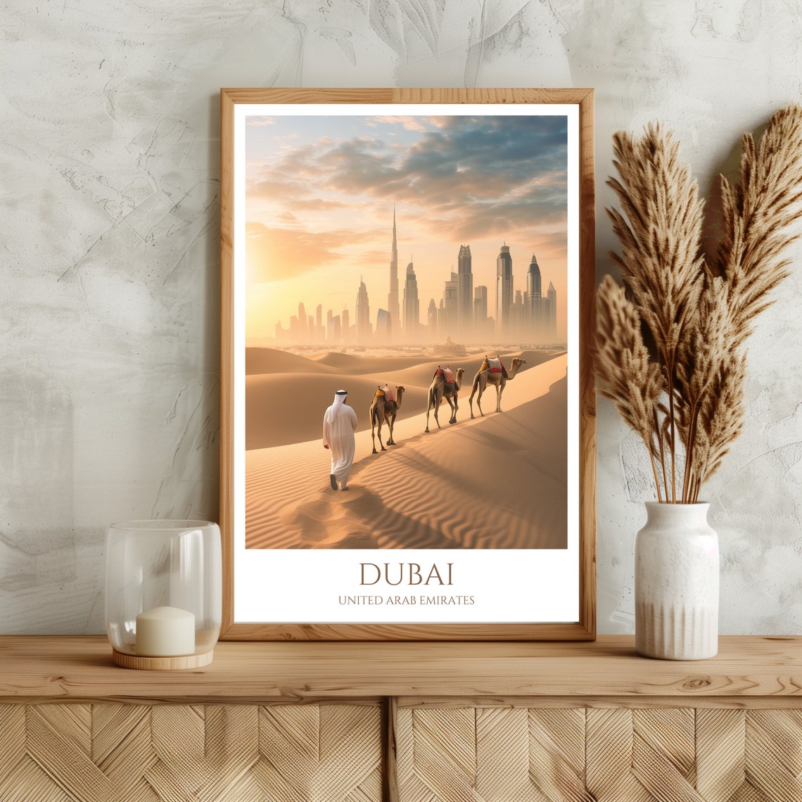 Dubai Desert Dunes Camel Caravan Skyline Sunset Travel Poster - Image 3