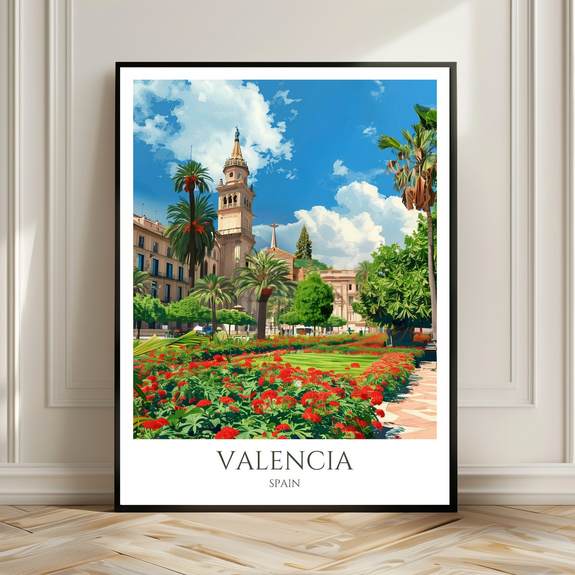 Valencia Cathedral Tower Palm Garden Spain Sunny Travel Poster