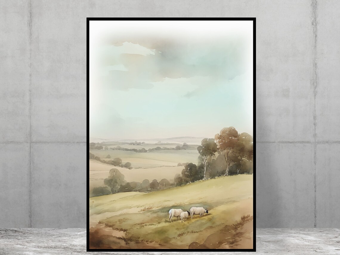 Sheep Grazing In English Countryside Watercolor Landscape Poster