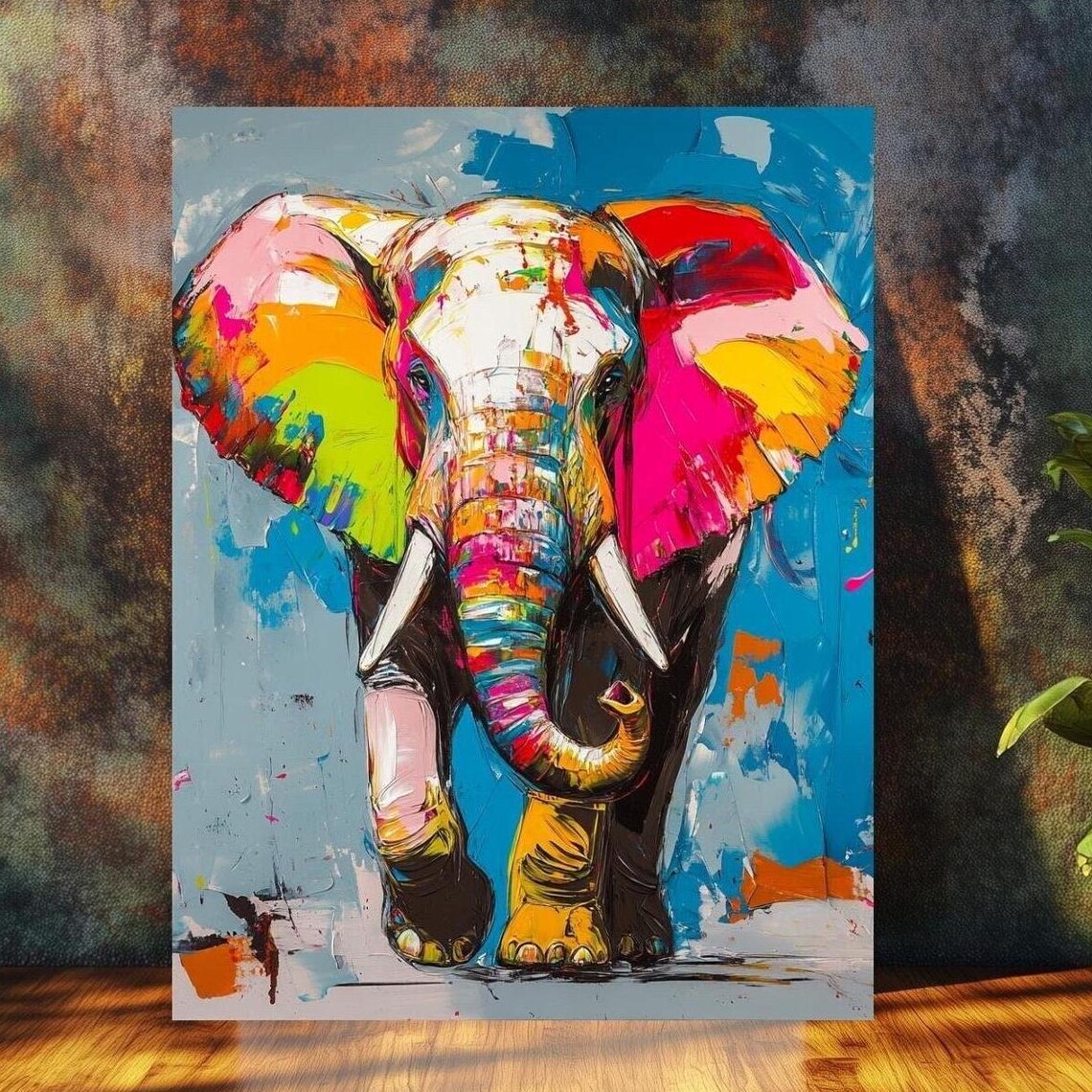 Colorful Elephant Abstract Blue Pink Wildlife Animal Scene Poster