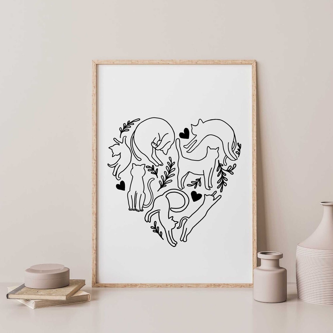 Cat Heart Print, Black and White Poster Art
