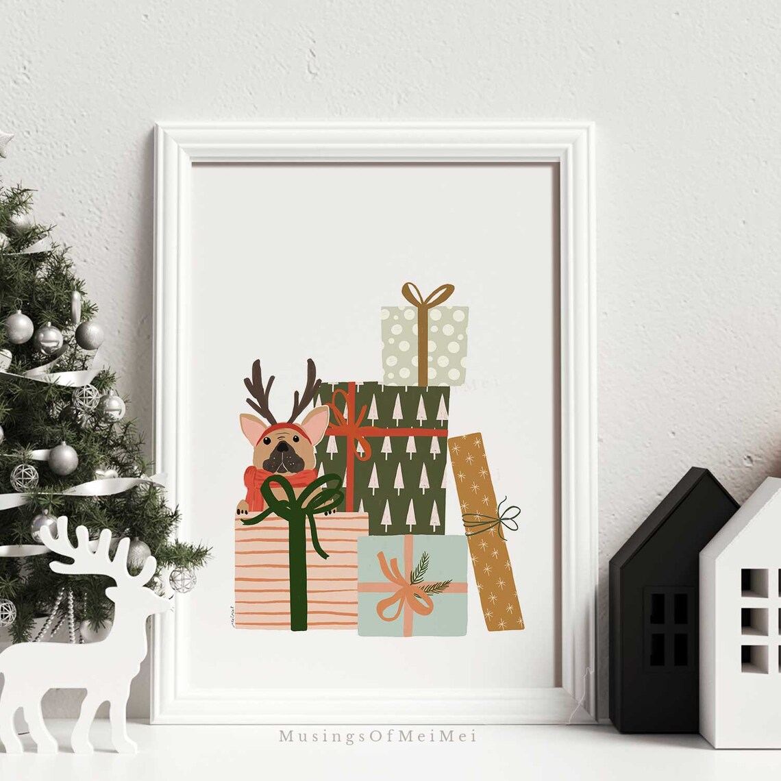 Holiday Frenchie Art Print, Festive Christmas Decor - Image 2