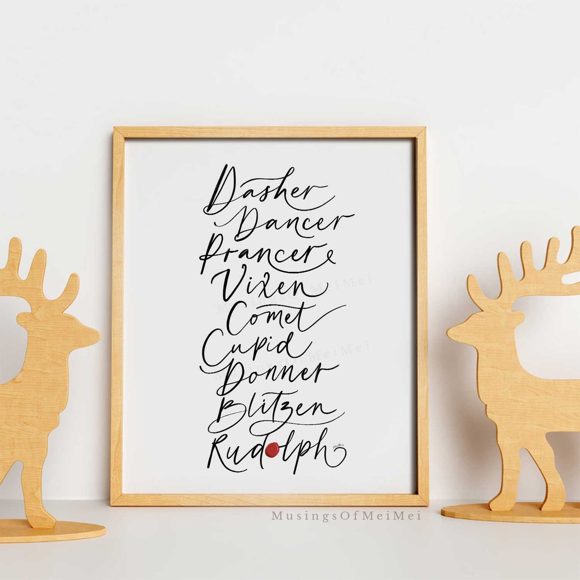 Santa Reindeer Names Black Calligraphy White Christmas Poster - Image 3
