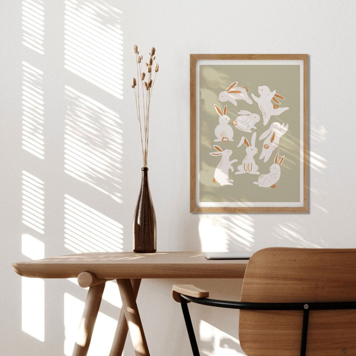 Nine Dancing White Bunnies Leaping on Sage Green Playful Animal Poster - Image 2