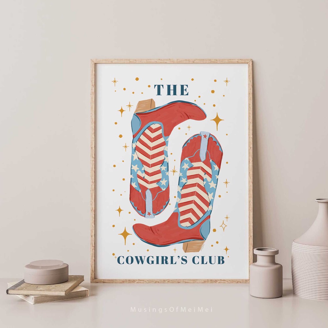 The Cowgirl's Club Red White Blue Cowboy Boots Western Stars Art Poster - Image 2