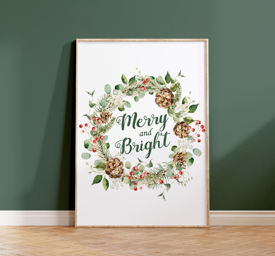 Merry And Bright Watercolor Pine Wreath Christmas Greeting Wall Art