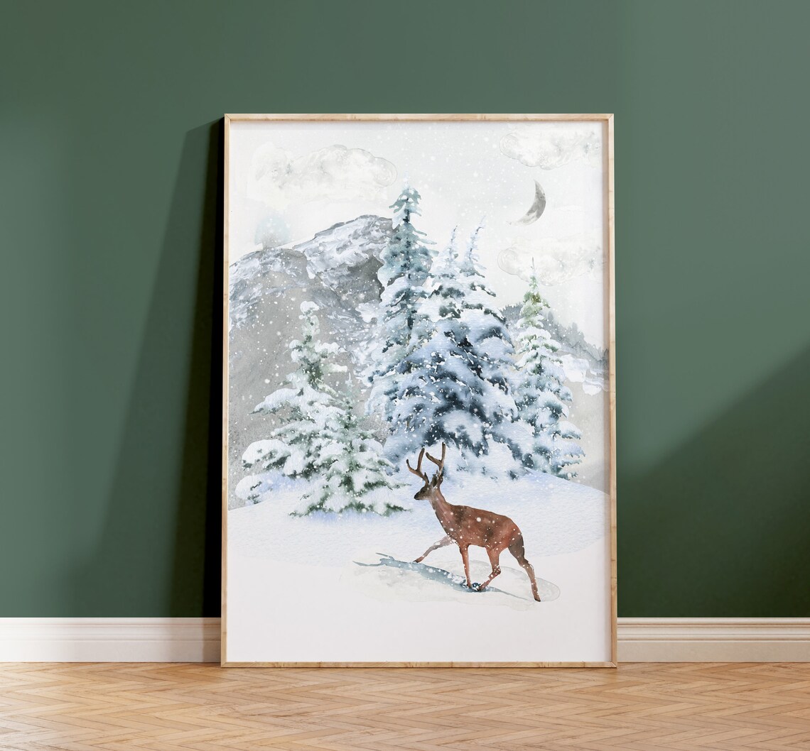 Deer Standing In Snowy Pine Forest Under Crescent Moon Poster