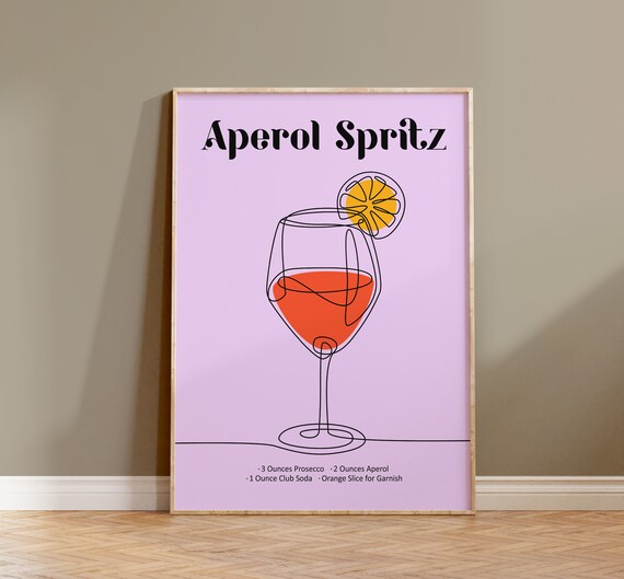 Aperol Spritz Cocktail Recipe Line Art Lavender Kitchen Bar Poster