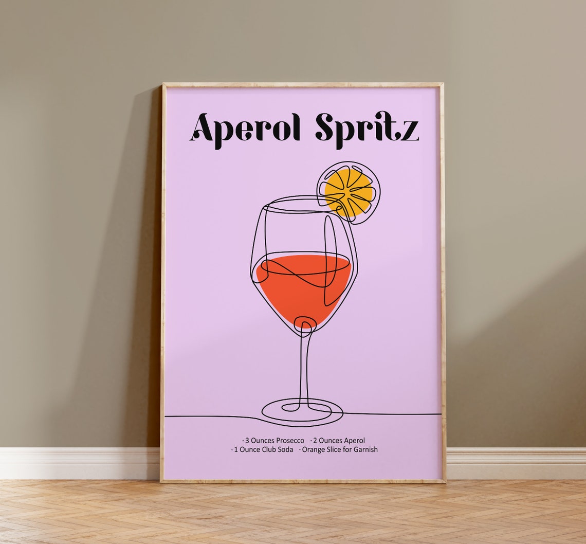 Aperol Spritz Cocktail Recipe Line Art Lavender Kitchen Bar Poster