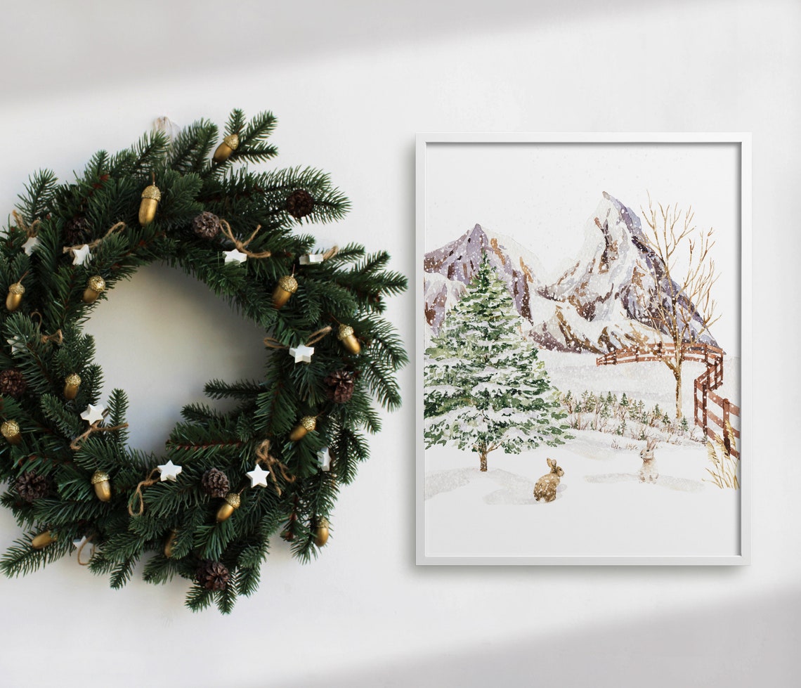 Two Rabbits In Snowy Mountain Valley Winter Watercolor Wall Art - Image 4