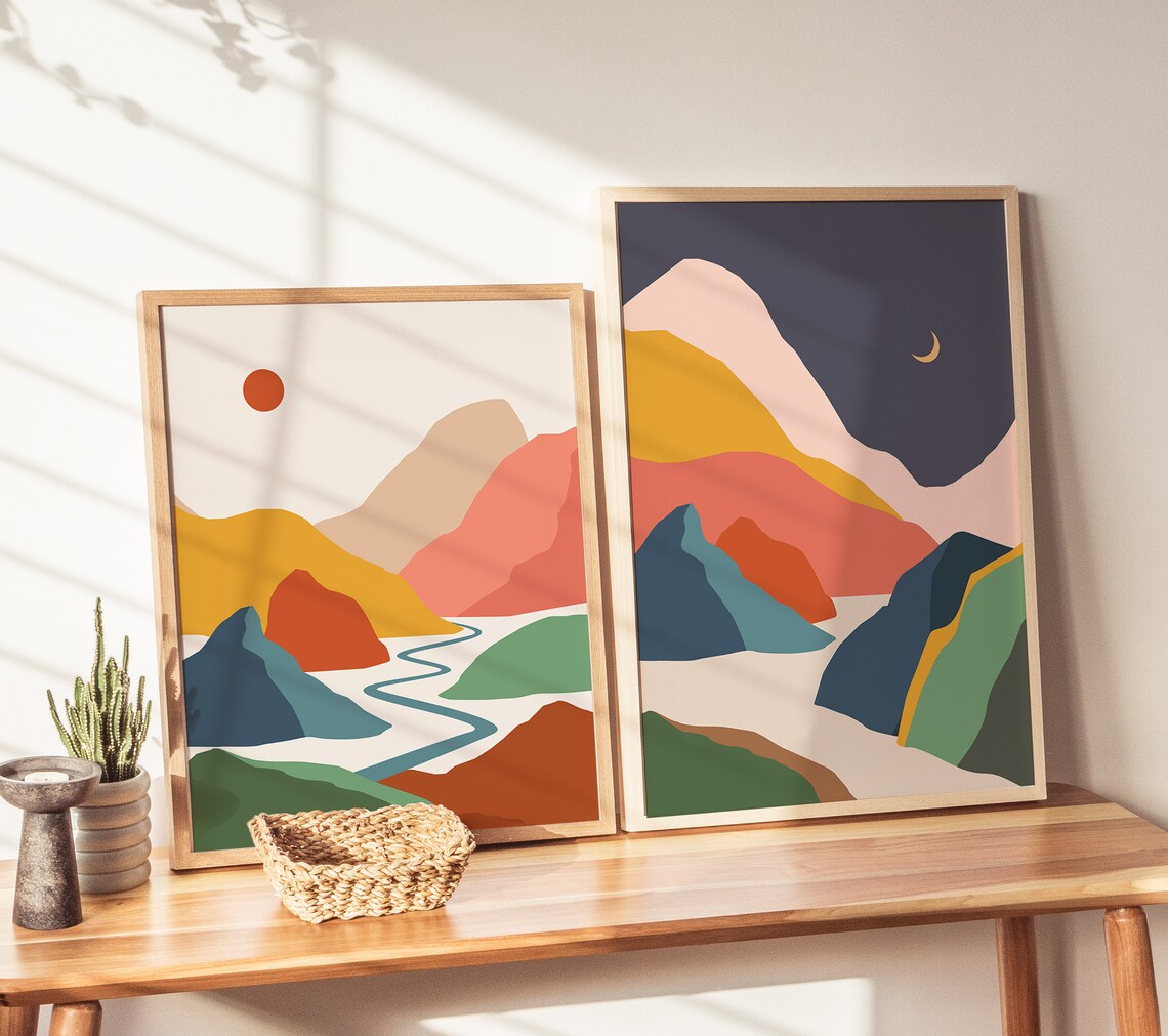 Colorful Night Mountains Crescent Moon Abstract Boho Art Print - Image 3