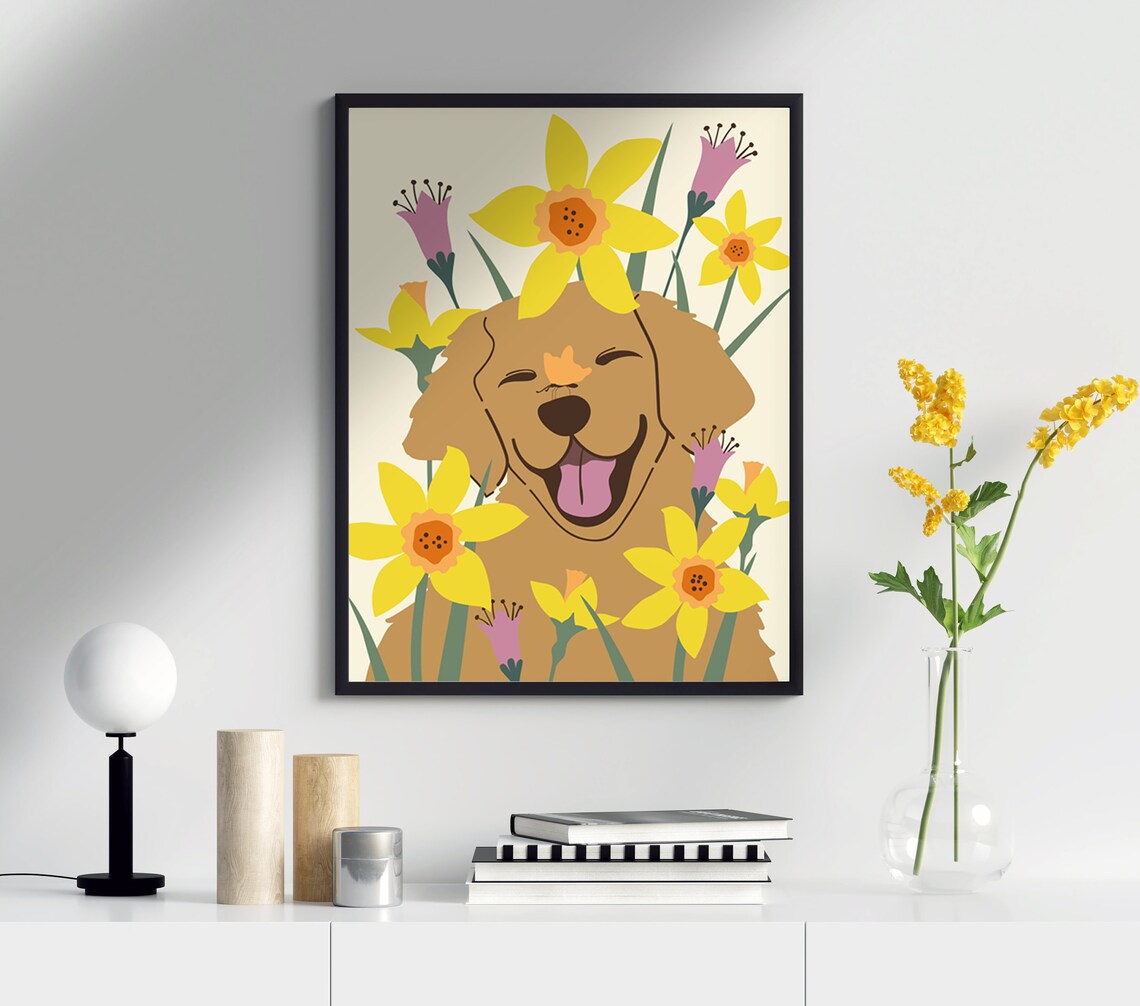 Golden Retriever Daffodil Flowers Happy Dog Smile Floral Art Poster - Image 4
