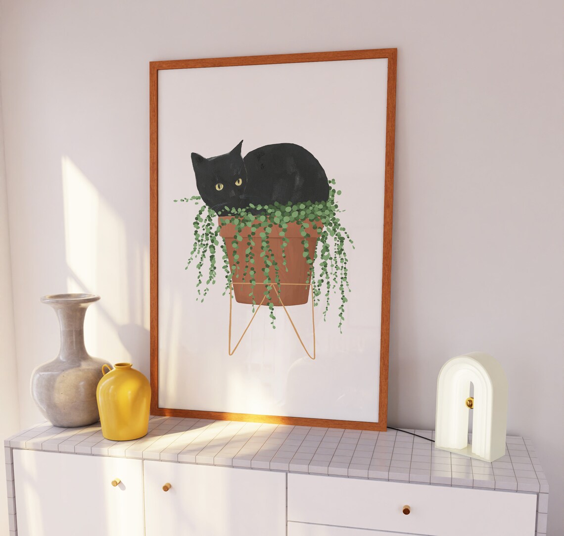 Black Cat and Plant Watercolor Art Print - Image 4