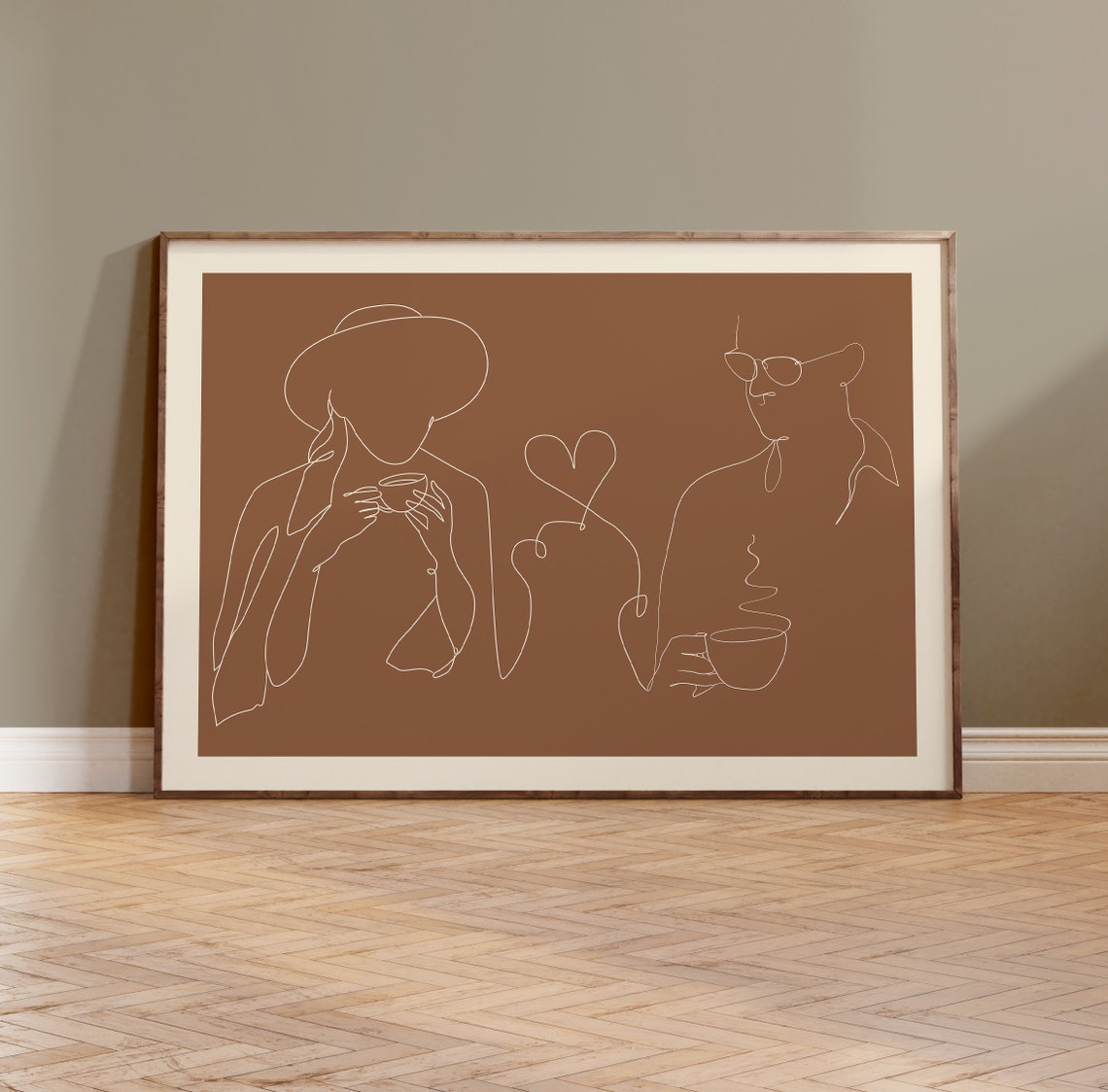 Coffee Couple Line Drawing Art Brown Minimalist Kitchen Cafe Poster