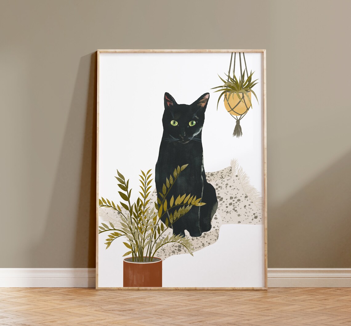 Black Cat and Plants Watercolor Cat Art Print