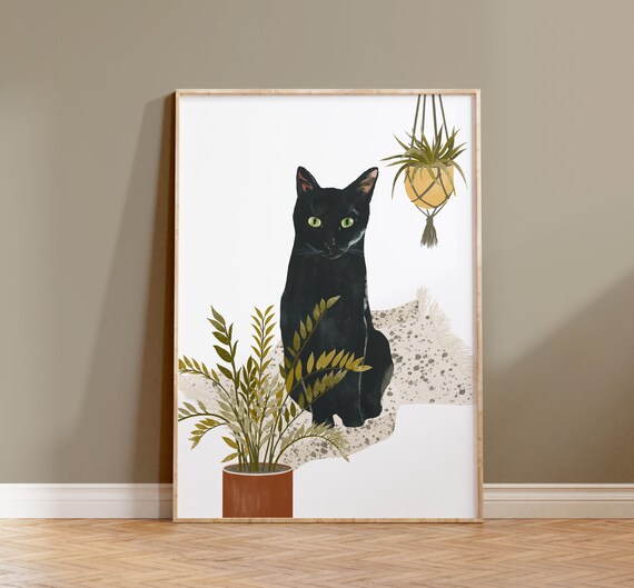 Black Cat and Plants Watercolor Cat Art Print
