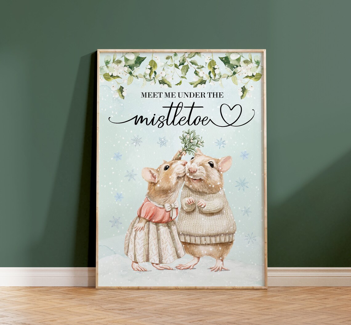 Meet Me Under The Mistletoe Two Kissing Mice Christmas Poster