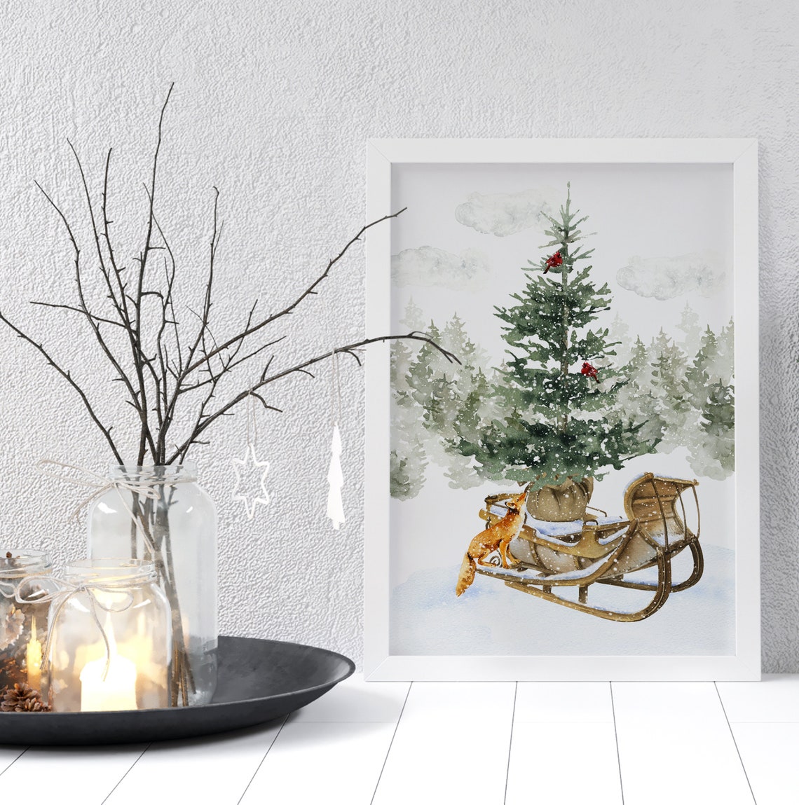 Red Fox On Wooden Sleigh With Pine Tree And Cardinals Wall Art - Image 3