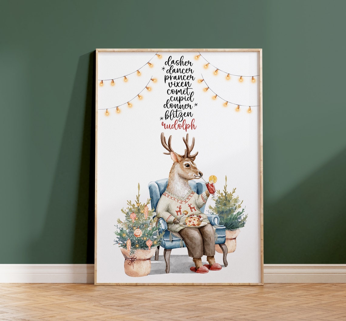 Santa Reindeer Names Dasher Rudolph Cozy Deer Watercolor Poster
