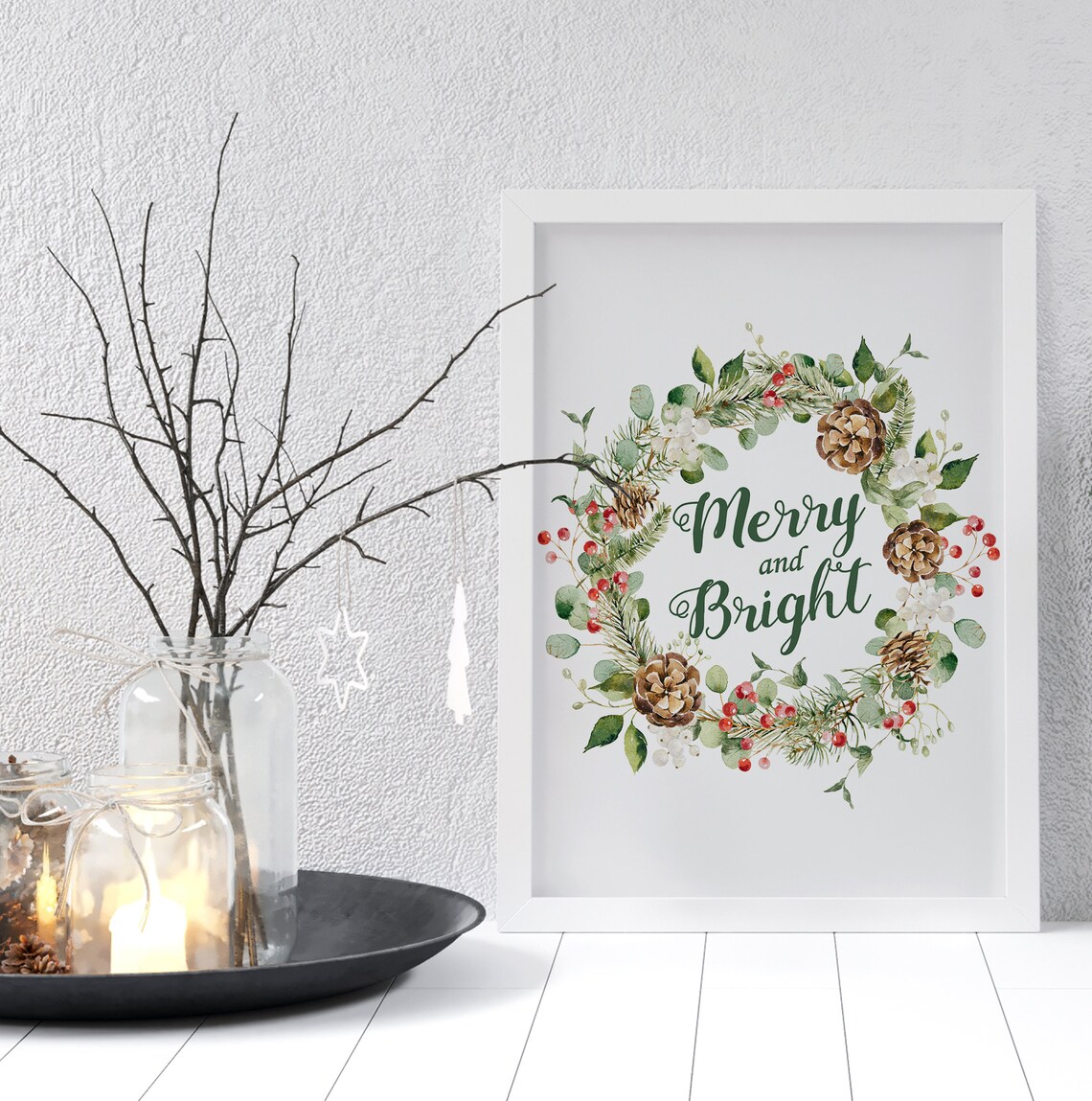 Merry And Bright Watercolor Pine Wreath Christmas Greeting Wall Art - Image 3