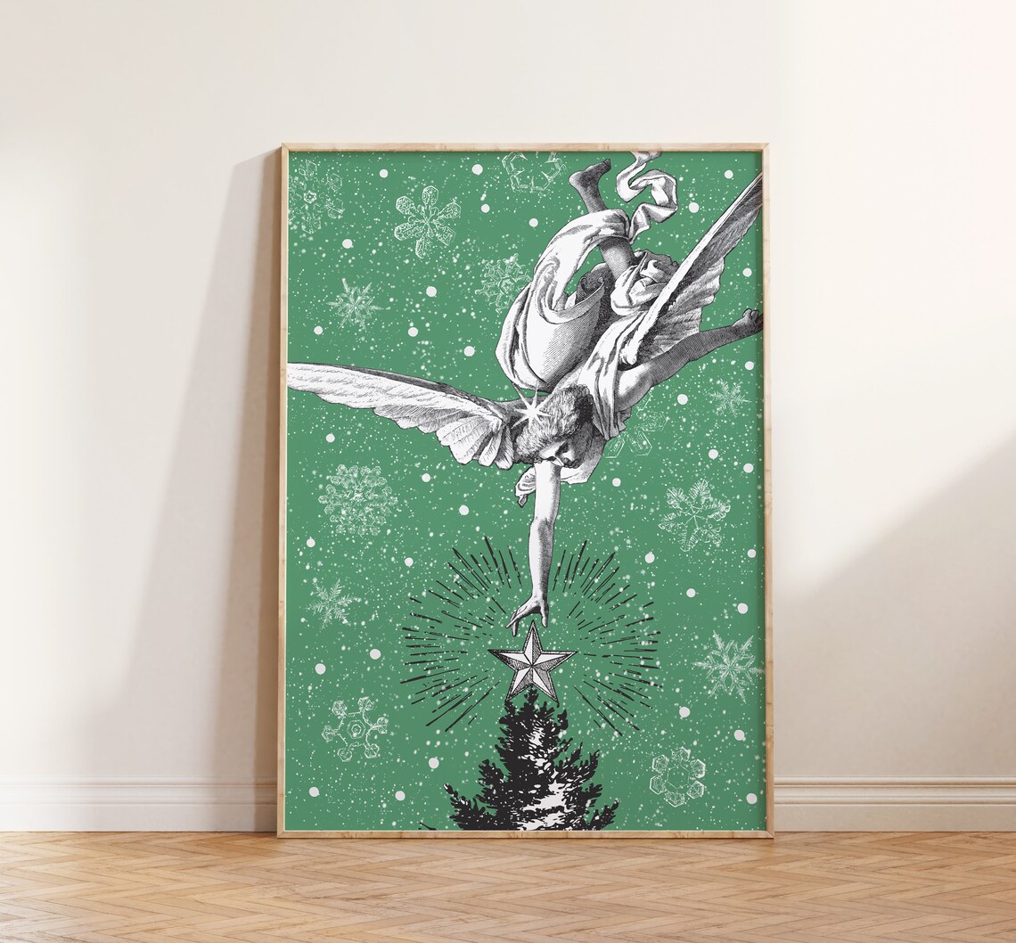Vintage Angel Placing Star Atop Christmas Tree Green Wall Art