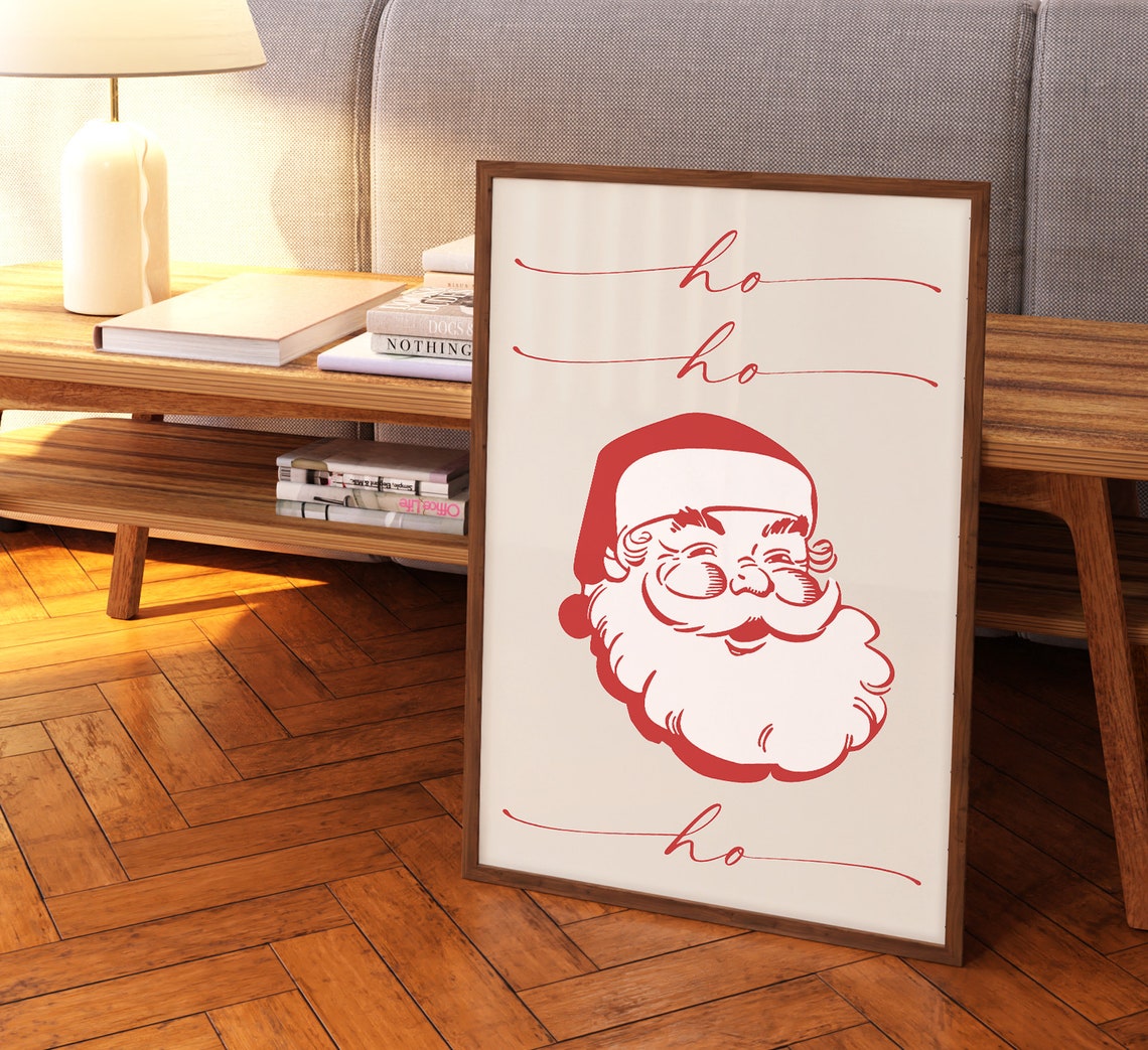 Ho Ho Ho Jolly Retro Santa Claus Face Cream Red Christmas Wall Art - Image 4
