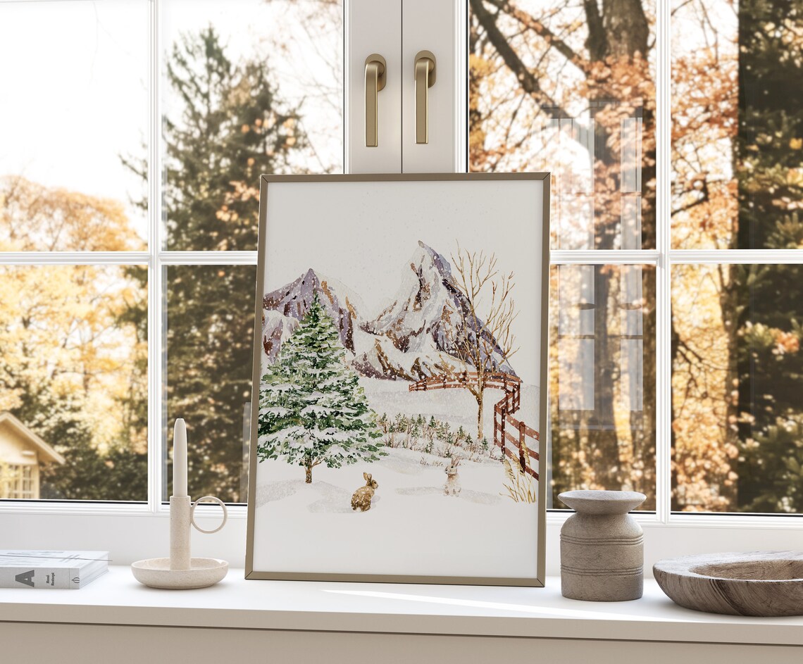Two Rabbits In Snowy Mountain Valley Winter Watercolor Wall Art - Image 2