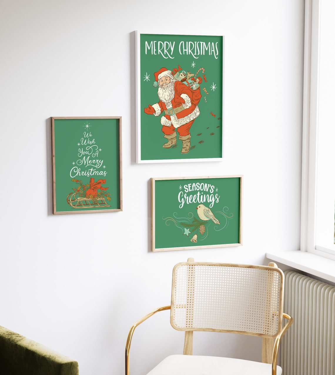Seasons Greetings Cream Bird Pine Bell Green Christmas Poster - Image 3