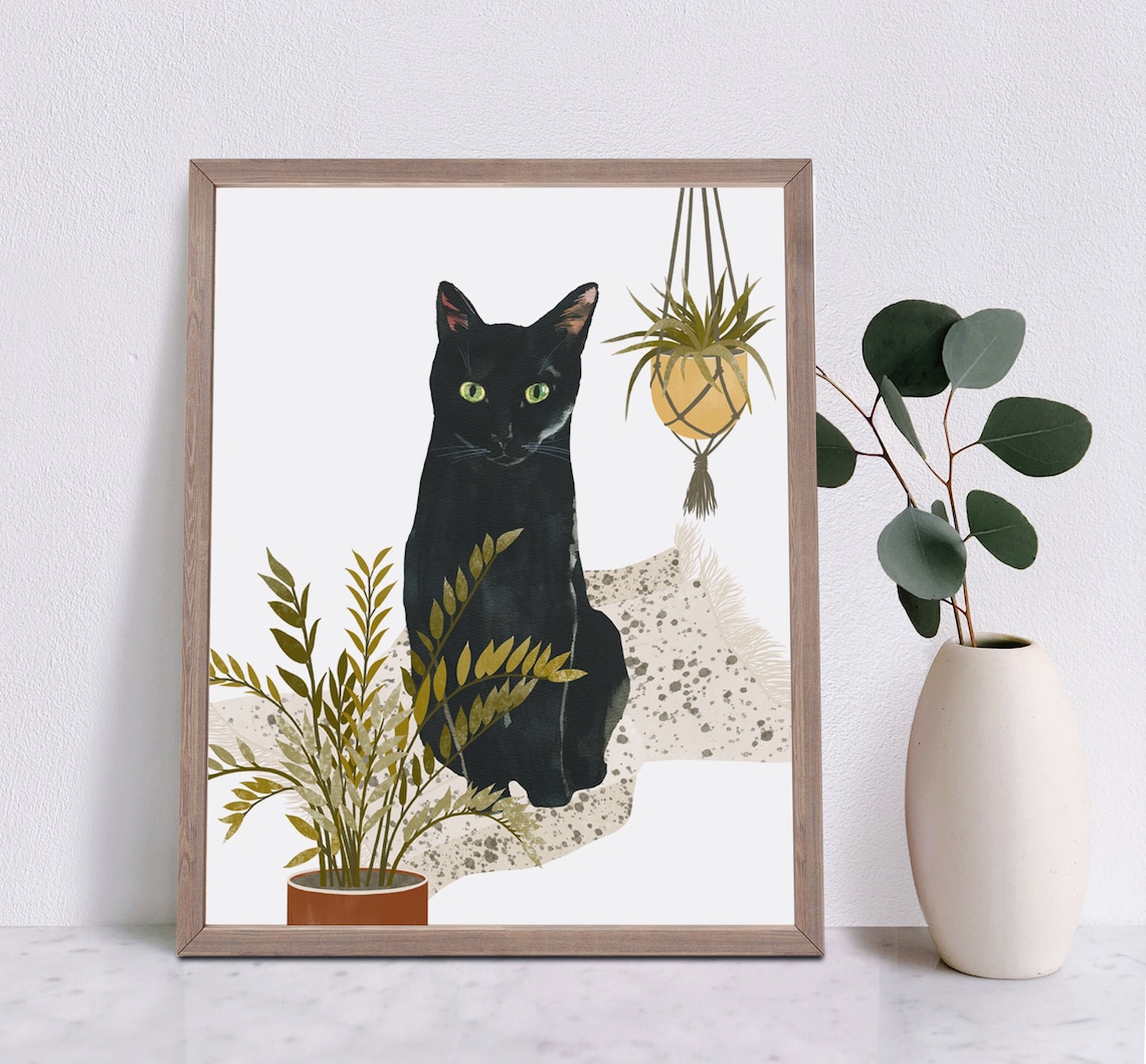 Black Cat and Plants Watercolor Cat Art Print - Image 4
